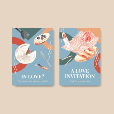 Parti için Avrupa piknik konsepti tasarımı ve suluboya vektör illüstrasyonuyla tanışma davetiye kartı şablonu