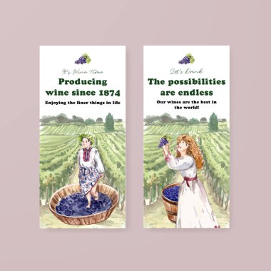Şarap çiftliği konsepti tasarımlı el ilanı broşür ve pazarlama suluboya vektör çizimi