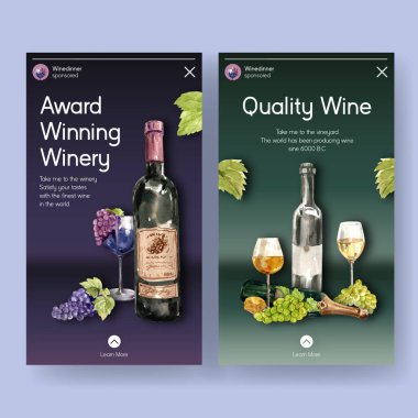 Sosyal medya suluboya vektör illüstrasyonu için şarap çiftliği konsepti tasarımı ile Instagram şablonu