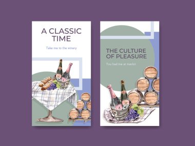 Sosyal medya suluboya vektör illüstrasyonu için şarap çiftliği konsepti tasarımı ile Instagram şablonu