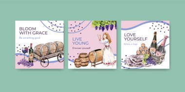 Suluboya vektör illüstrasyonunun pazarlanması için şarap çiftliği konsepti tasarımı ile reklam şablonu