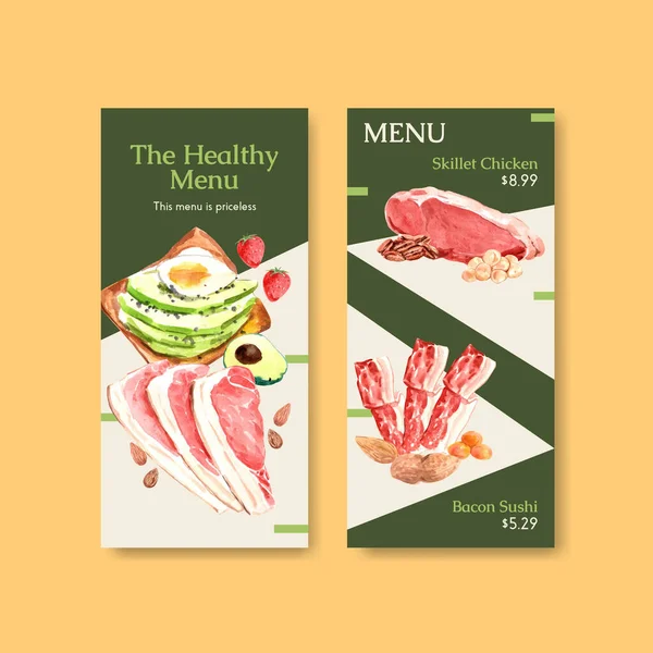 Menu Template Met Ketogeen Dieet Concept Voor Restaurant Levensmiddelenwinkel Aquarel — Stockvector