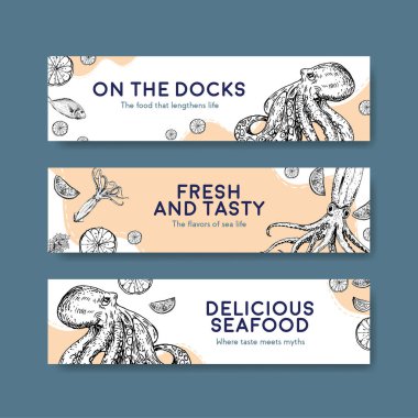 Reklam ve broşür vektörü illüstrasyonu için deniz ürünleri konsepti tasarımı içeren pankart şablonu