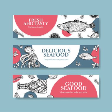 Reklam ve broşür vektörü illüstrasyonu için deniz ürünleri konsepti tasarımı içeren pankart şablonu