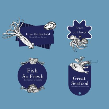 Markalaştırma ve pazarlama vektör çizimi için deniz ürünleri kavramına sahip logo tasarımı
