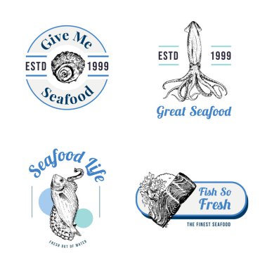 Markalaştırma ve pazarlama vektör çizimi için deniz ürünleri kavramına sahip logo tasarımı