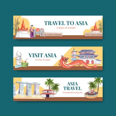 Reklam ve pazarlama suluboya vektör çizimi için Asya seyahat konsepti tasarımı ile banner şablonu
