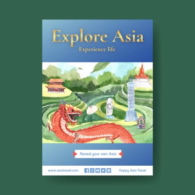 Broşür ve pazarlama suluboya vektör çizimi için Asya seyahat kavramı tasarımı ile poster şablonu