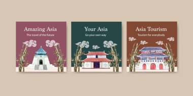 Pazarlama için Asya seyahat konsepti tasarımı ve suluboya vektör illüstrasyonunun reklamını yapan ilanlar