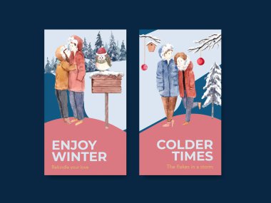 Sosyal medya ve internet suluboya vektör çizimi için kış aşkı konsepti tasarımı ile Instagram şablonu