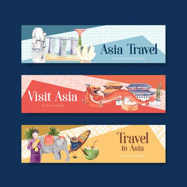 Plantilla Banner Con Diseño Concepto Viaje Asia Para Publicidad Comercialización — Vector de stock