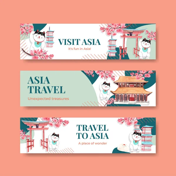 Plantilla Banner Con Diseño Concepto Viaje Asia Para Publicidad Comercialización — Vector de stock