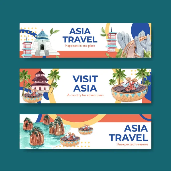 Banner Template Asia Travel Concept Design Advertise Marketing Watercolor Vector — Stock Vector