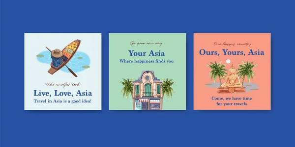 Plantilla Anuncios Con Diseño Concepto Viaje Asia Para Comercialización Anunciar — Vector de stock