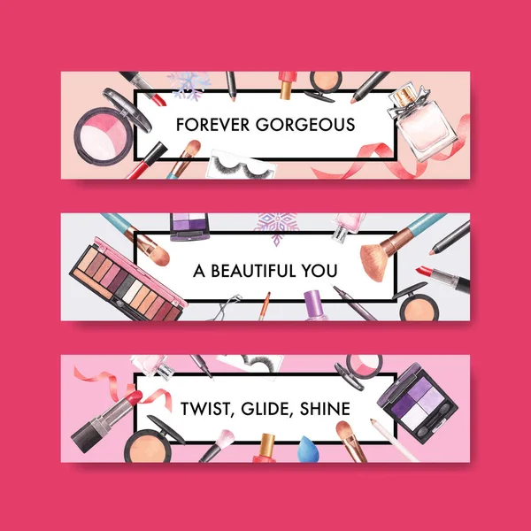 Banner Template Makeup Concept Design Advertise Marketing Watercolor Vector Illustration — Stock Vector