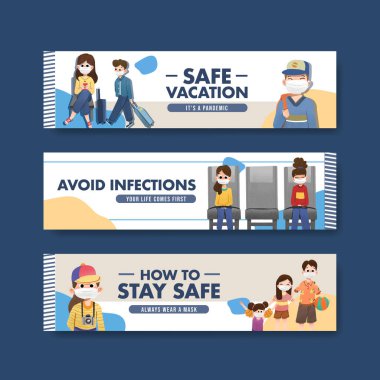 Yeni normal yaşam tarzı suluboya vektör çizimi için COVID-19 önleme konsepti tasarımı içeren pankart şablonu