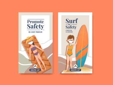 Yeni normal yaşam tarzı suluboya vektör çizimi için COVID-19 önleme kavramı tasarımı ile Instagram şablonu