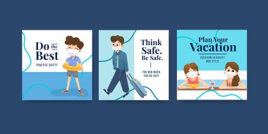 Yeni normal yaşam tarzı suluboya vektör çizimi için COVID-19 önleme kavramı tasarımı ile reklam şablonu