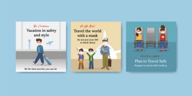 Yeni normal yaşam tarzı suluboya vektör çizimi için COVID-19 önleme kavramı tasarımı ile reklam şablonu