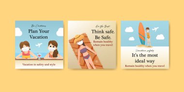 Yeni normal yaşam tarzı suluboya vektör çizimi için COVID-19 önleme kavramı tasarımı ile reklam şablonu