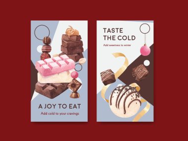 Çevrimiçi pazarlama ve sosyal medya suluboya vektör çizimi için çikolata kış konsepti tasarımı ile Instagram şablonu