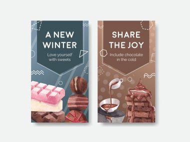 Çevrimiçi pazarlama ve sosyal medya suluboya vektör çizimi için çikolata kış konsepti tasarımı ile Instagram şablonu
