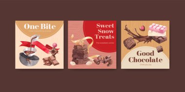 Pazarlama için çikolata kış konsepti tasarımı ve suluboya vektör çizimi ile reklam şablonu