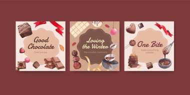 Pazarlama için çikolata kış konsepti tasarımı ve suluboya vektör çizimi ile reklam şablonu