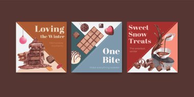 Pazarlama için çikolata kış konsepti tasarımı ve suluboya vektör çizimi ile reklam şablonu