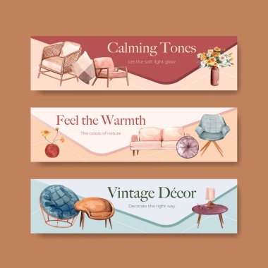 Reklam ve pazarlama suluboya vektör çizimi için terracotta dekor konsept tasarımı içeren pankart şablonu