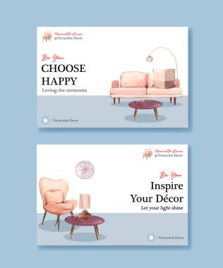 Sosyal medya ve çevrimiçi pazarlama suluboya vektör çizimi için terracotta dekor konsept tasarımı ile Facebook şablonu