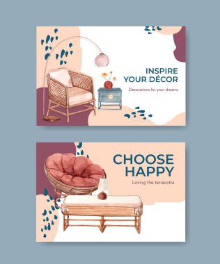 Sosyal medya ve çevrimiçi pazarlama suluboya vektör çizimi için terracotta dekor konsept tasarımı ile Facebook şablonu