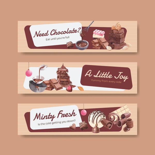 Banner template with chocolate winter concept design for advertise and marketing watercolor vector illustratio