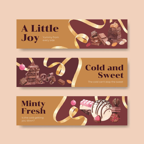 Banner template with chocolate winter concept design for advertise and marketing watercolor vector illustratio