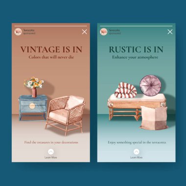 Sosyal medya ve çevrimiçi pazarlama suluboya vektör çizimi için terracotta dekor konsept tasarımı ile Instagram şablonu