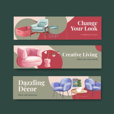 Lüks mobilya konsepti ile afiş şablonu reklam ve pazarlama suluboya vektör illüstrasyonu