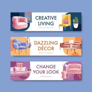 Lüks mobilya konsepti ile afiş şablonu reklam ve pazarlama suluboya vektör illüstrasyonu