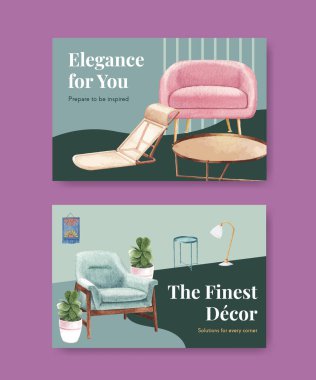 Lüks mobilya konsepti sosyal medya ve online pazarlama suluboya vektör çizimi ile Facebook şablonu