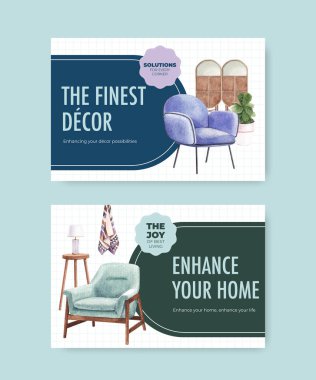 Lüks mobilya konsepti sosyal medya ve online pazarlama suluboya vektör çizimi ile Facebook şablonu