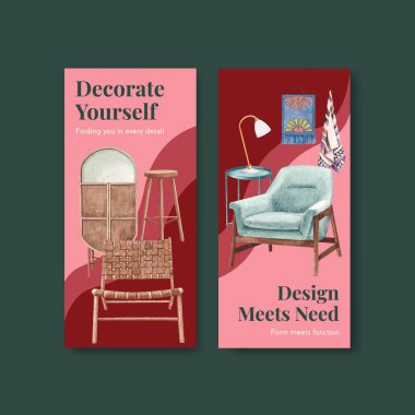 Lüks mobilya tasarım broşürü ve suluboya vektör illüstrasyonlu broşür