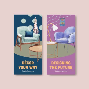 Lüks mobilya tasarım broşürü ve suluboya vektör illüstrasyonlu broşür