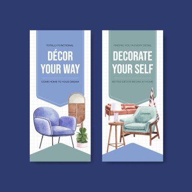 Lüks mobilya tasarım broşürü ve suluboya vektör illüstrasyonlu broşür