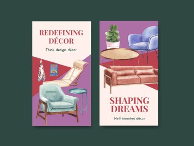 Lüks mobilya konseptiyle Instagram şablonu sosyal medya ve dijital pazarlama suluboya vektör çizimi