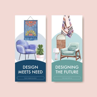 Lüks mobilya tasarım broşürü ve suluboya vektör illüstrasyonlu broşür