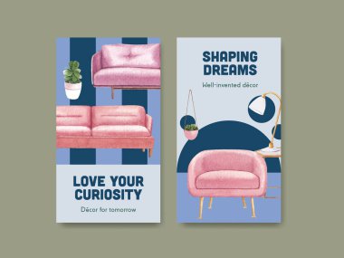 Lüks mobilya konseptiyle Instagram şablonu sosyal medya ve dijital pazarlama suluboya vektör çizimi