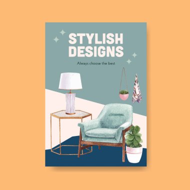 Lüks mobilya tasarım pazarlaması ve suluboya vektör illüstrasyonuyla poster şablonu