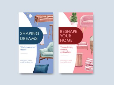 Lüks mobilya konseptiyle Instagram şablonu sosyal medya ve dijital pazarlama suluboya vektör çizimi