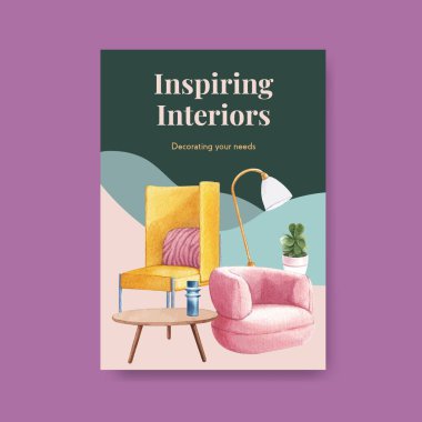 Lüks mobilya tasarım pazarlaması ve suluboya vektör illüstrasyonuyla poster şablonu