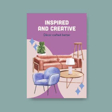 Lüks mobilya tasarım pazarlaması ve suluboya vektör illüstrasyonuyla poster şablonu