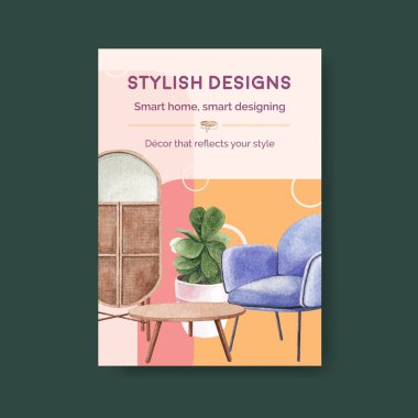 Lüks mobilya tasarım pazarlaması ve suluboya vektör illüstrasyonuyla poster şablonu